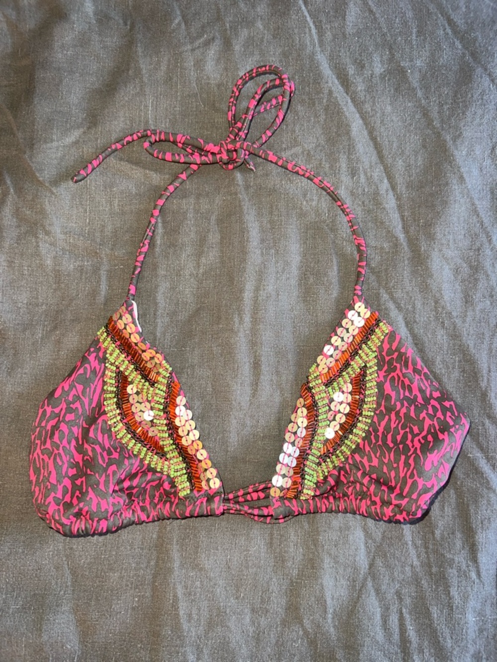 Victoria's Secret Pink and Green Sequin Embellished Triangle Bikini Top - Picture 1 of 3